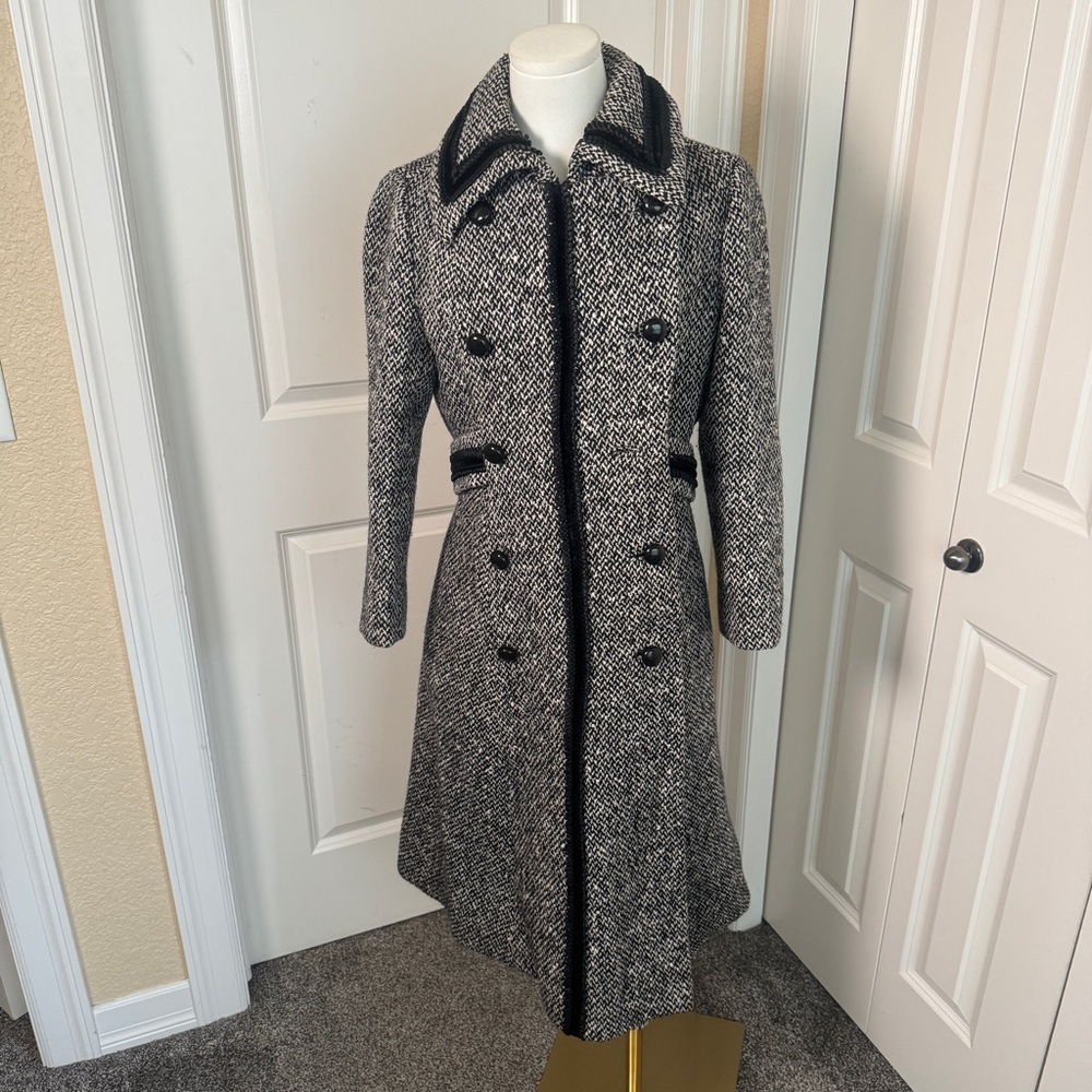 Vintage 1940s/50s Black White Tweed Wool Coat Velvet Collar Belted Union Made